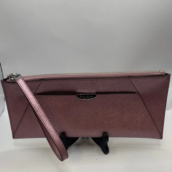 VTG Henri Bendel West 57th Metallic Pink Wristlet Wallet Large Sleek City Thin - Picture 2 of 10